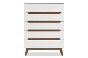 Baxton Studio Calypso Mid-Century Modern White and Walnut Wood 5-Drawer Storage Chest