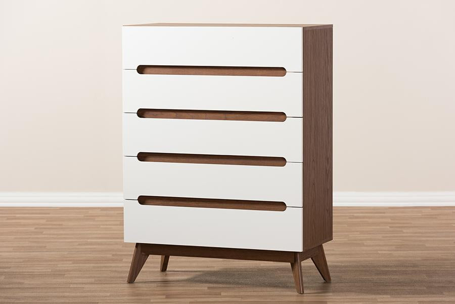 Baxton Studio Calypso Mid-Century Modern White and Walnut Wood 5-Drawer Storage Chest