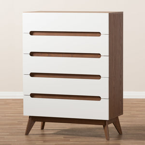 Baxton Studio Calypso Mid-Century Modern White and Walnut Wood 5-Drawer Storage Chest