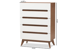 Baxton Studio Calypso Mid-Century Modern White and Walnut Wood 5-Drawer Storage Chest