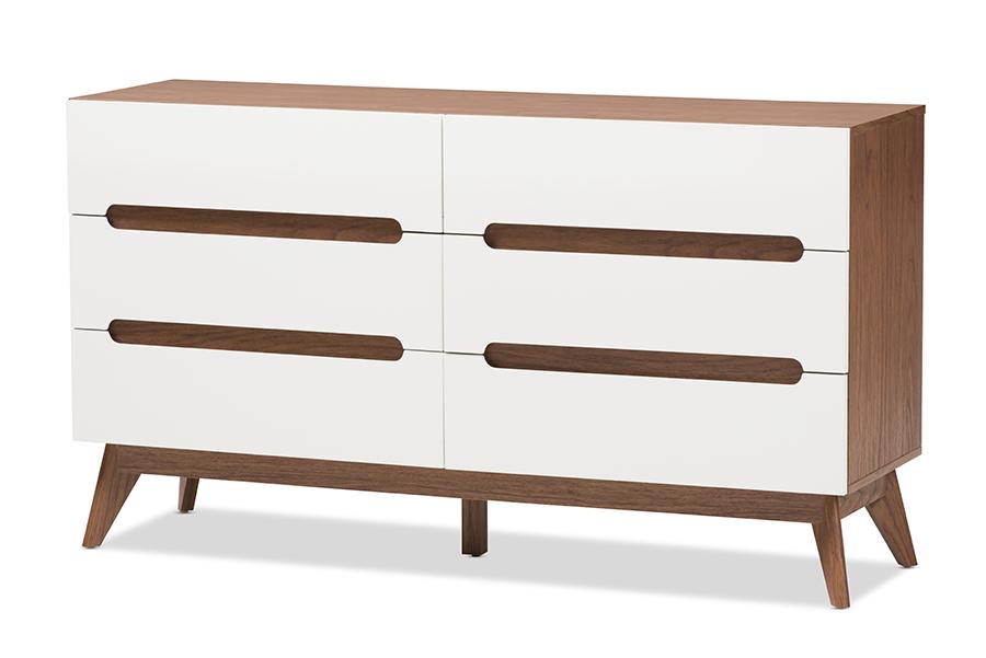 Baxton Studio Calypso Mid-Century Modern White and Walnut Wood 6-Drawer Storage Dresser