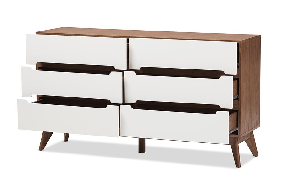 Baxton Studio Calypso Mid-Century Modern White and Walnut Wood 6-Drawer Storage Dresser