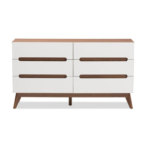 Baxton Studio Calypso Mid-Century Modern White and Walnut Wood 6-Drawer Storage Dresser