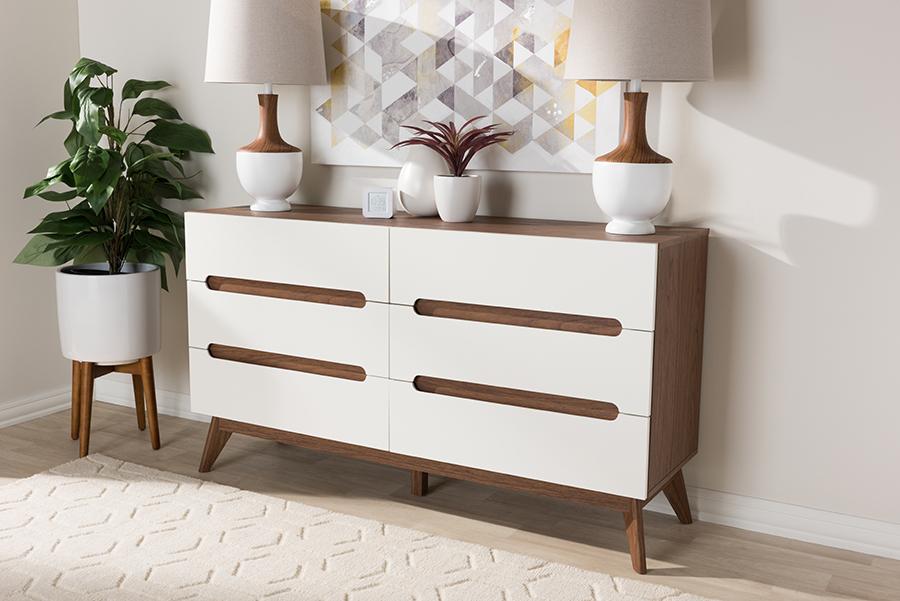 Baxton Studio Calypso Mid-Century Modern White and Walnut Wood 6-Drawer Storage Dresser