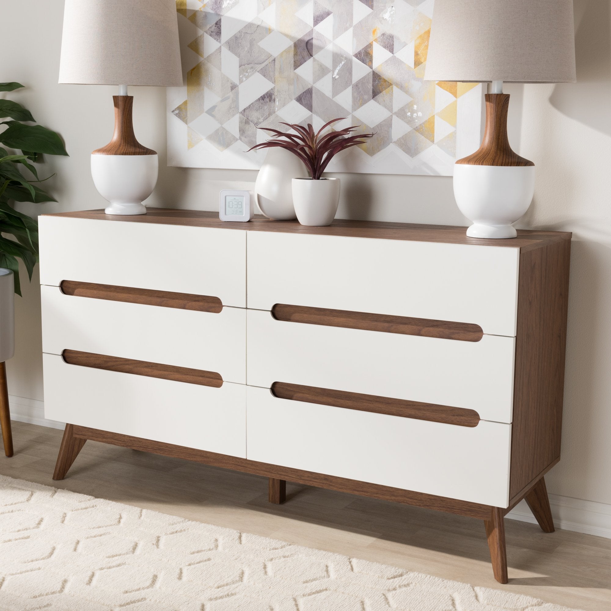 Baxton Studio Calypso Mid-Century Modern White and Walnut Wood 6-Drawer Storage Dresser