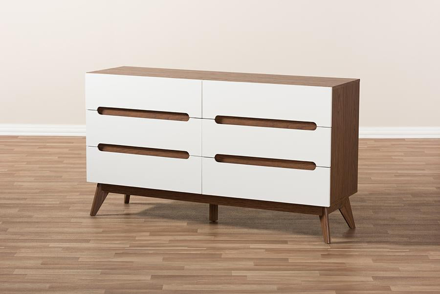 Baxton Studio Calypso Mid-Century Modern White and Walnut Wood 6-Drawer Storage Dresser