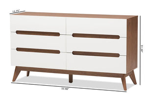 Baxton Studio Calypso Mid-Century Modern White and Walnut Wood 6-Drawer Storage Dresser