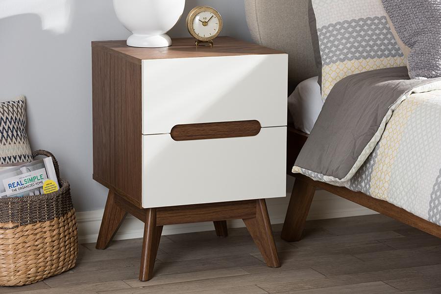 Baxton Studio Calypso Mid-Century Modern White and Walnut Wood 3-Drawer Storage Nightstand