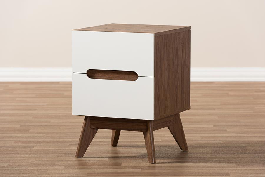 Baxton Studio Calypso Mid-Century Modern White and Walnut Wood 3-Drawer Storage Nightstand