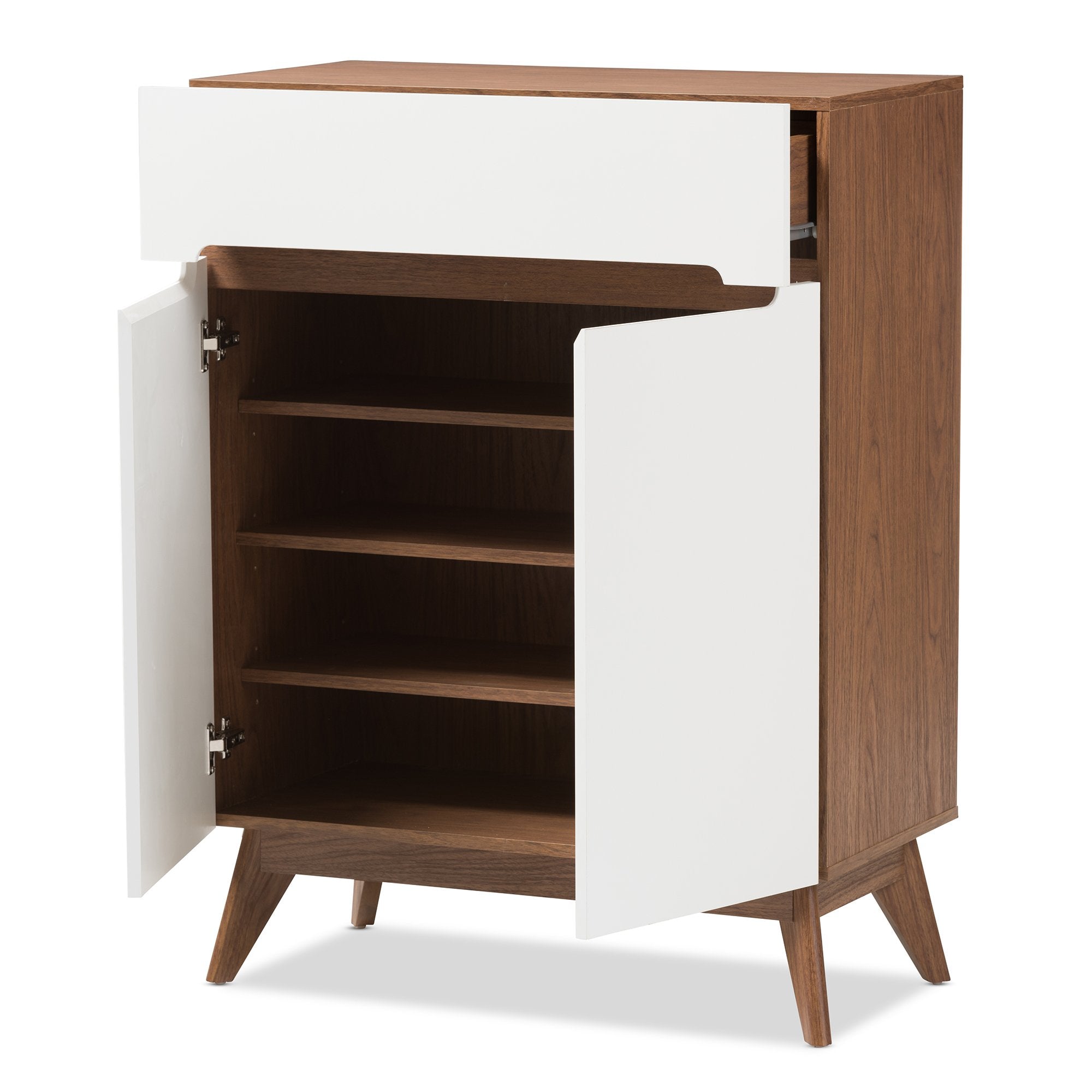 Baxton Studio Calypso Mid-Century Modern White and Walnut Wood Storage Shoe Cabinet