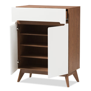 Baxton Studio Calypso Mid-Century Modern White and Walnut Wood Storage Shoe Cabinet