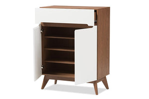 Baxton Studio Calypso Mid-Century Modern White and Walnut Wood Storage Shoe Cabinet