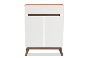 Baxton Studio Calypso Mid-Century Modern White and Walnut Wood Storage Shoe Cabinet