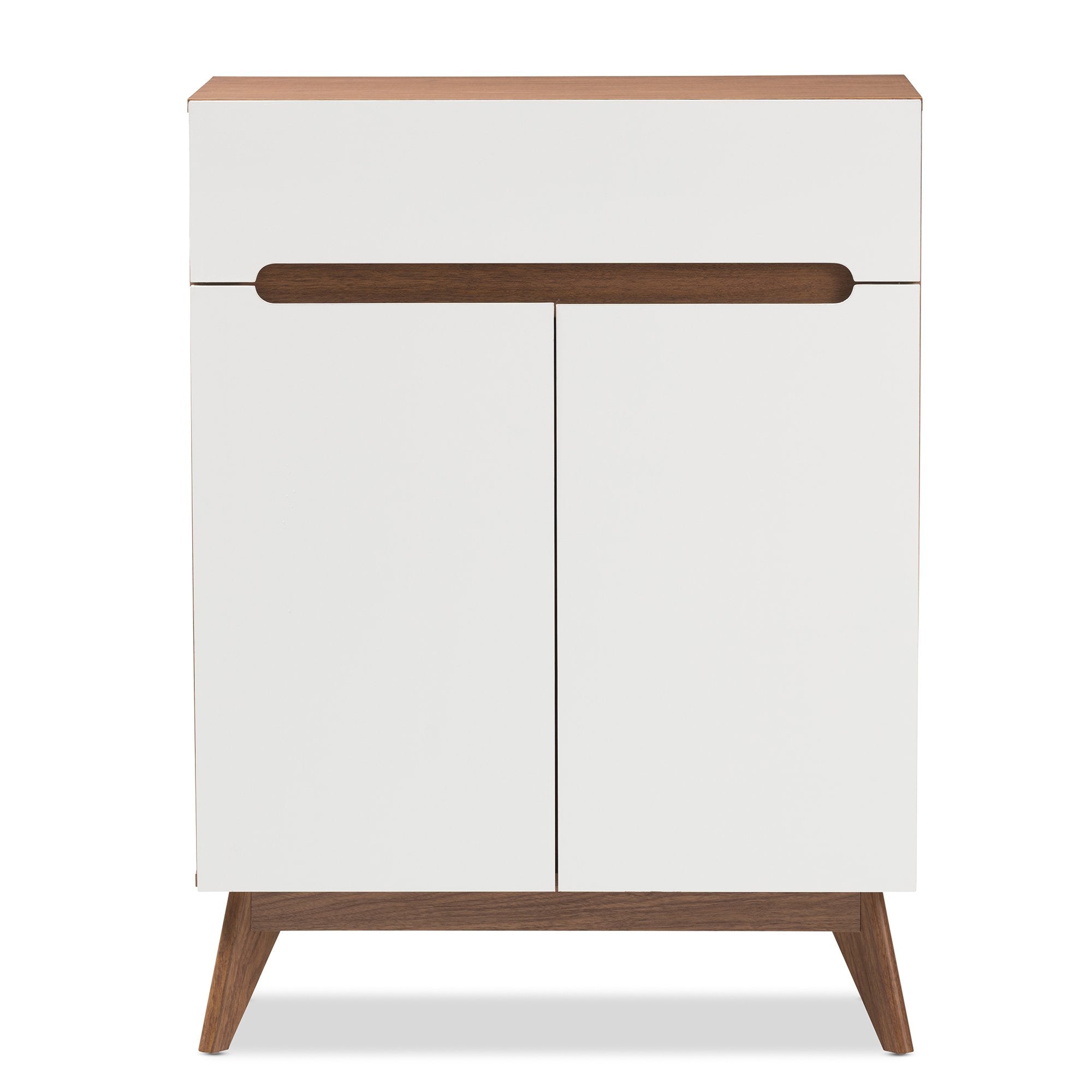 Baxton Studio Calypso Mid-Century Modern White and Walnut Wood Storage Shoe Cabinet