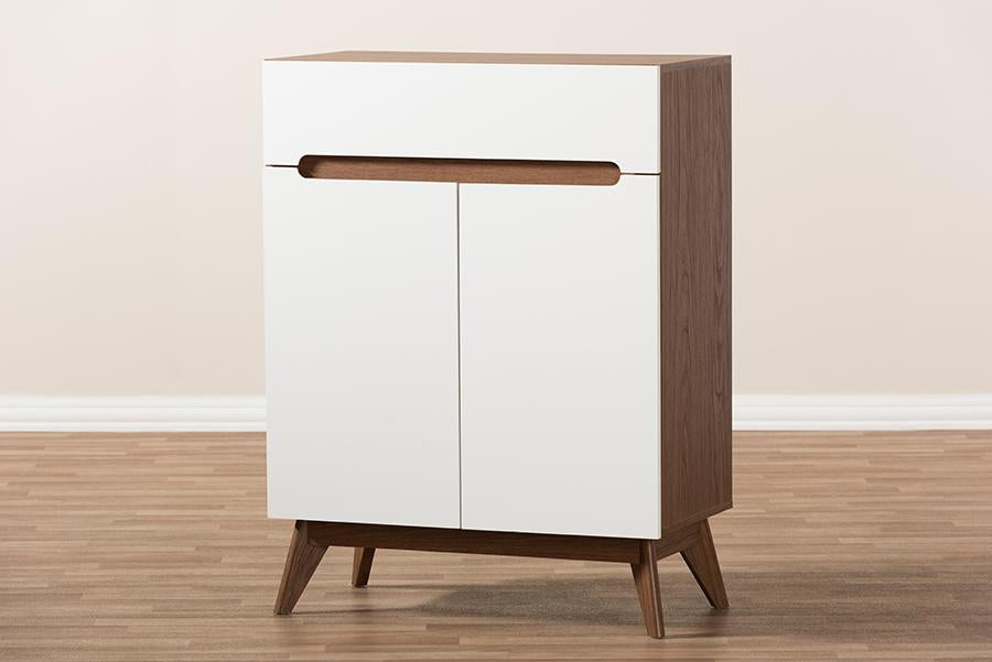 Baxton Studio Calypso Mid-Century Modern White and Walnut Wood Storage Shoe Cabinet