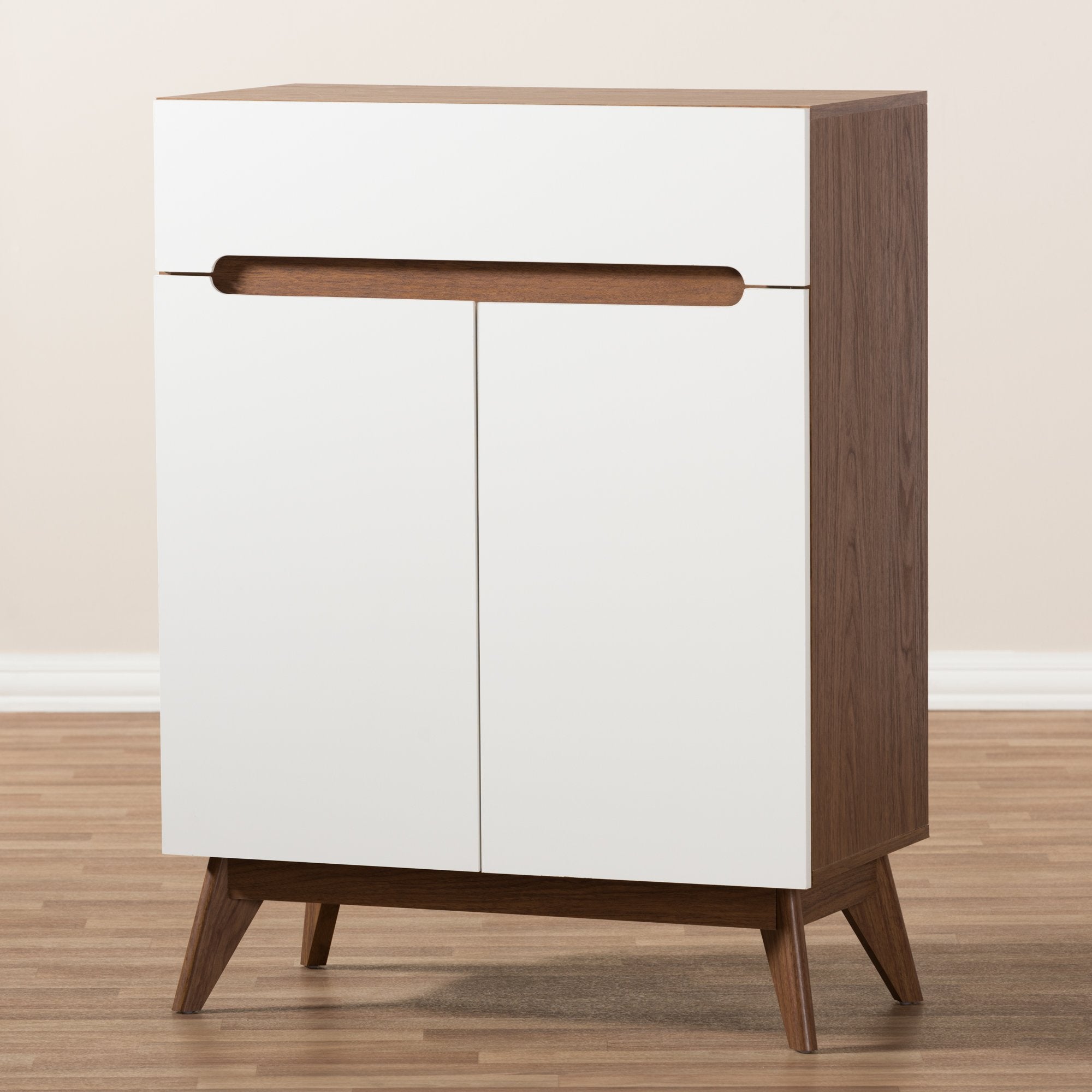 Baxton Studio Calypso Mid-Century Modern White and Walnut Wood Storage Shoe Cabinet