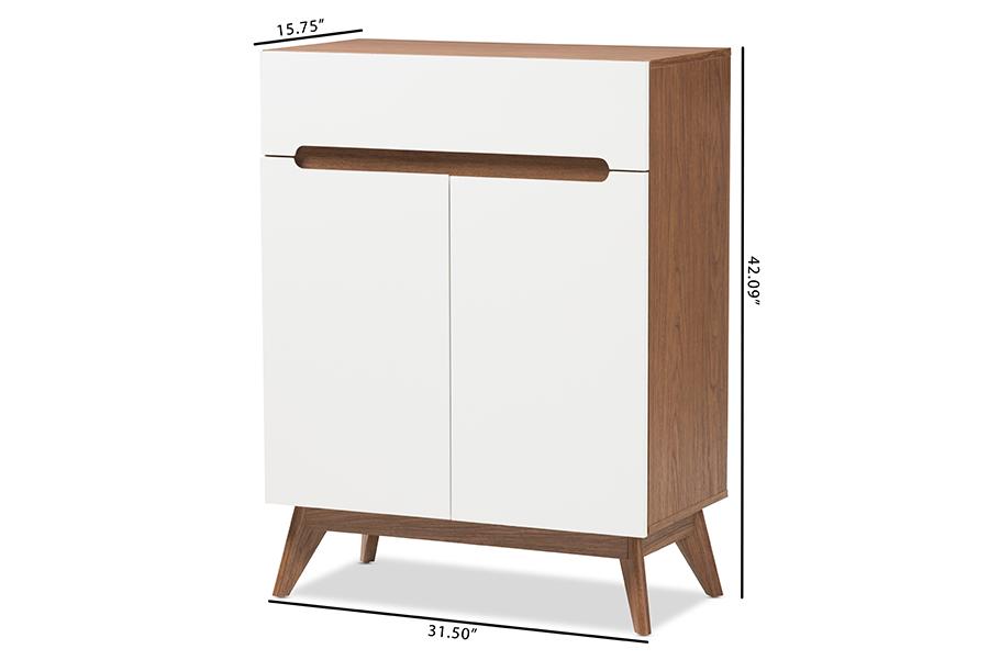 Baxton Studio Calypso Mid-Century Modern White and Walnut Wood Storage Shoe Cabinet