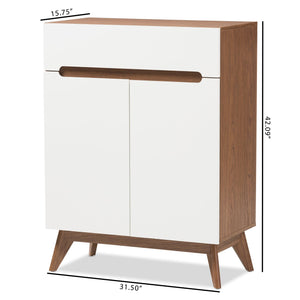 Baxton Studio Calypso Mid-Century Modern White and Walnut Wood Storage Shoe Cabinet