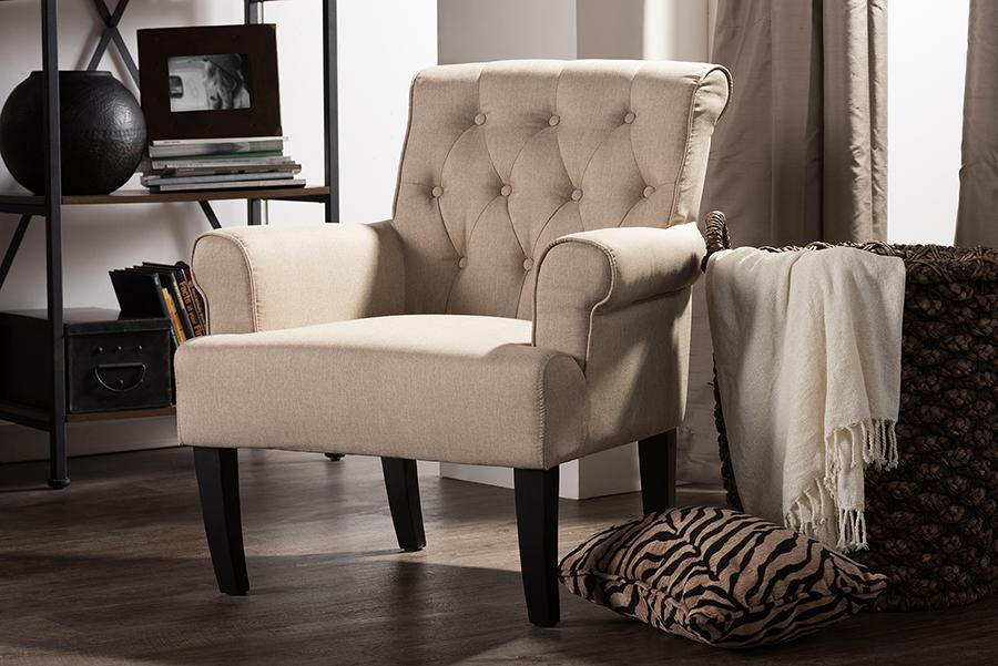 Baxton Studio Barret Modern and Contemporary Beige Linen Fabric Upholstered Rolled-Arm Button-tufting Accent Club Chair