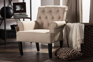 Baxton Studio Barret Modern and Contemporary Beige Linen Fabric Upholstered Rolled-Arm Button-tufting Accent Club Chair