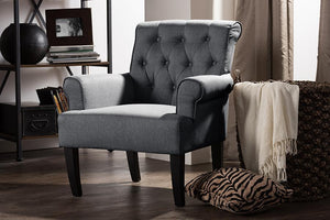 Baxton Studio Barret Modern and Contemporary Grey Linen Fabric Upholstered Rolled-Arm Button-tufting Accent Club Chair