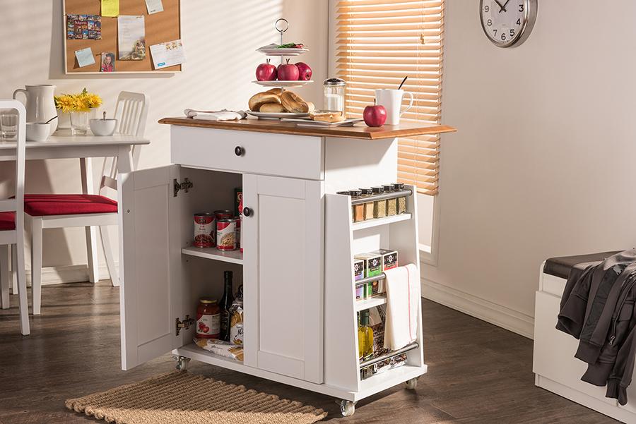 Baxton Studio Balmore Modern and Contemporary Two-tone White and Dark Brown Lacquered Wood Kitchen Cart Trolley Cabinet