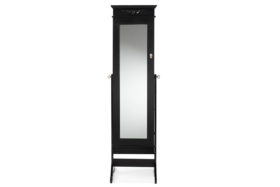 Baxton Studio Bimini Black Finish Wood Crown Molding Top Free Standing Full Length Cheval Mirror Jewelry Armoire