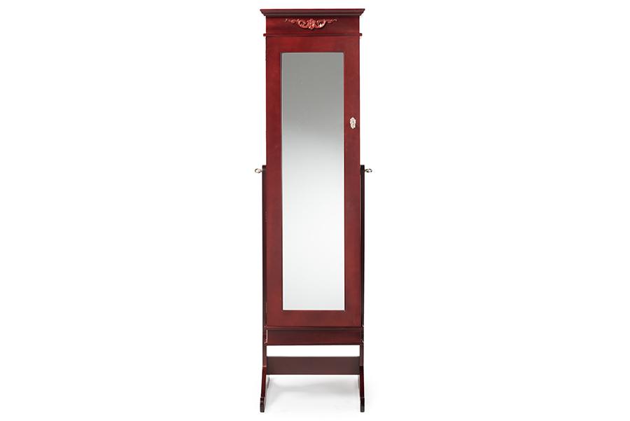 Baxton Studio Bimini Brown Finish Wood Crown Molding Top Free Standing Full Length Cheval Mirror Jewelry Armoire