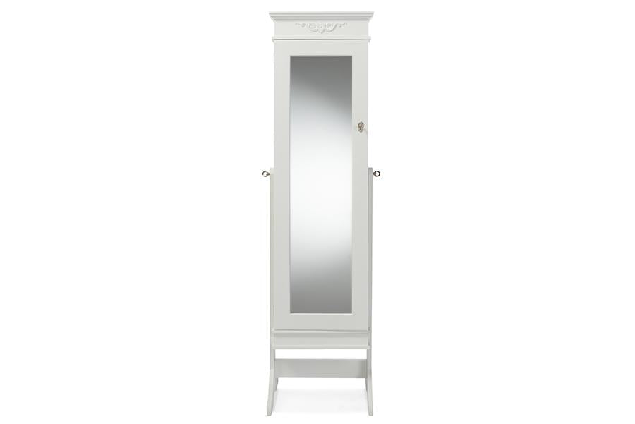 Baxton Studio Bimini White Finish Wood Crown Molding Top Free Standing Full Length Cheval Mirror Jewelry Armoire