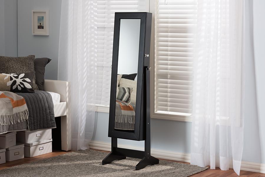 Baxton Studio Alena Black Finishing Wood Free Standing Cheval Mirror Jewelry Armoire