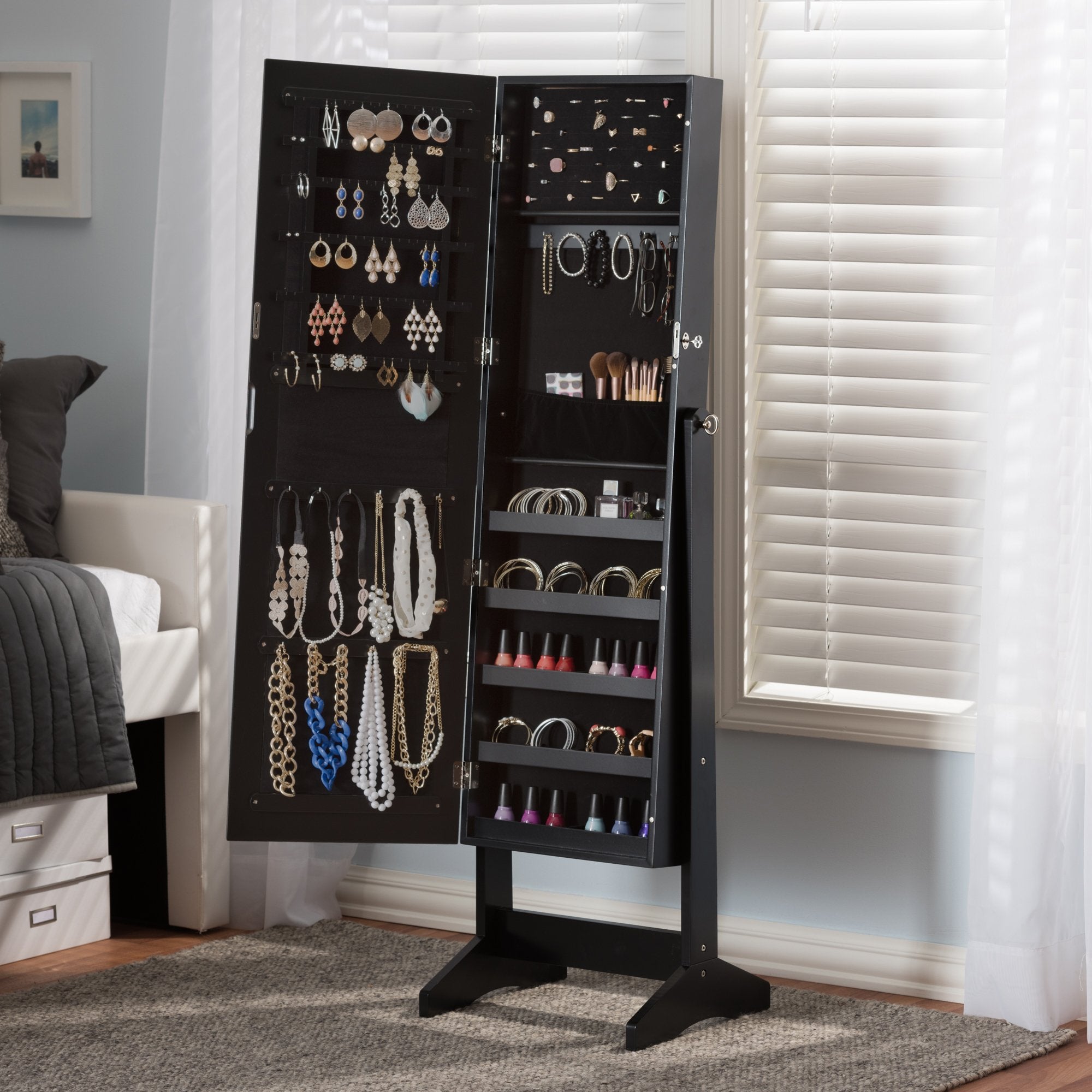 Baxton Studio Alena Black Finishing Wood Free Standing Cheval Mirror Jewelry Armoire