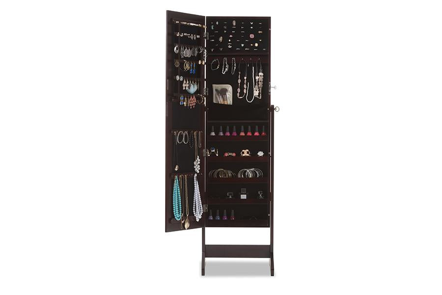 Baxton Studio Alena Brown Finishing Wood Free Standing Cheval Mirror Jewelry Armoire