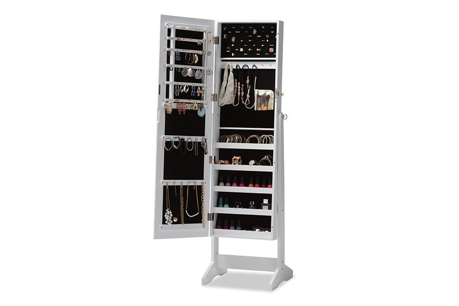 Baxton Studio Alena White Finishing Wood Free Standing Cheval Mirror Jewelry Armoire