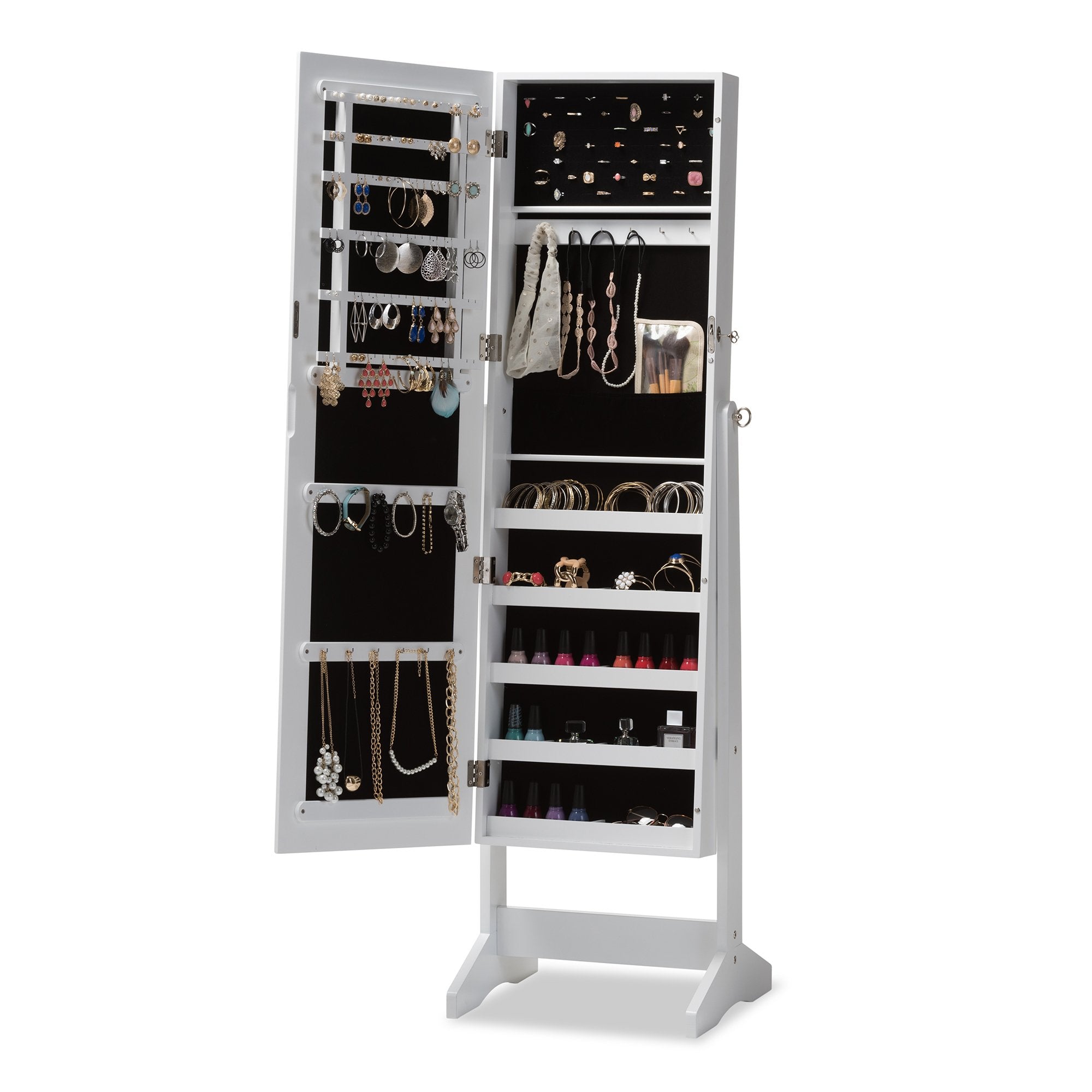 Baxton Studio Alena White Finishing Wood Free Standing Cheval Mirror Jewelry Armoire