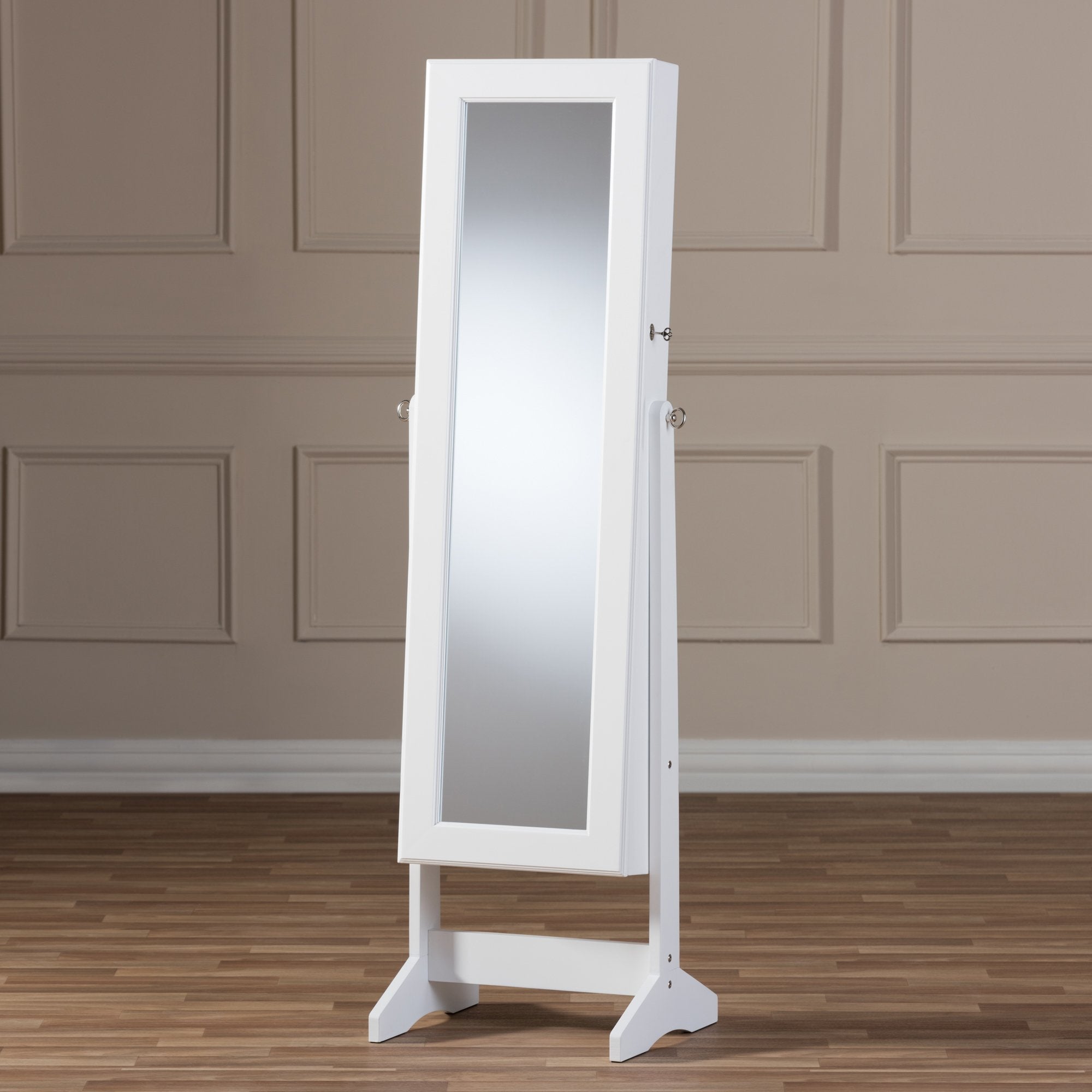 Baxton Studio Alena White Finishing Wood Free Standing Cheval Mirror Jewelry Armoire