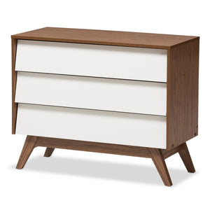 Baxton Studio Hildon Mid-Century Modern White and Walnut Wood 3-Drawer Storage Chest