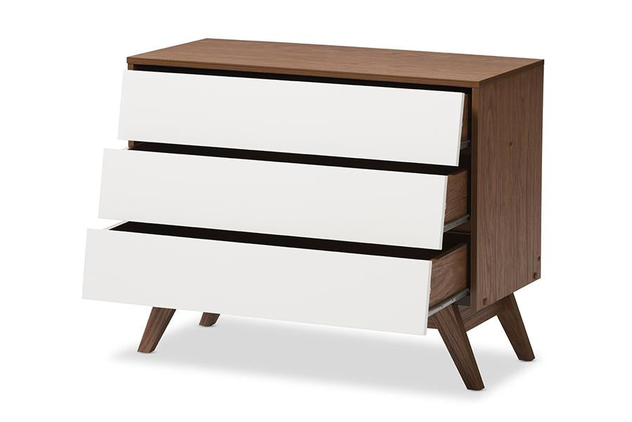 Baxton Studio Hildon Mid-Century Modern White and Walnut Wood 3-Drawer Storage Chest