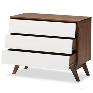 Baxton Studio Hildon Mid-Century Modern White and Walnut Wood 3-Drawer Storage Chest