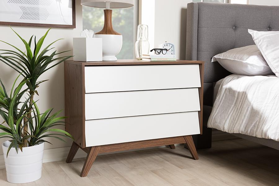 Baxton Studio Hildon Mid-Century Modern White and Walnut Wood 3-Drawer Storage Chest