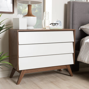 Baxton Studio Hildon Mid-Century Modern White and Walnut Wood 3-Drawer Storage Chest