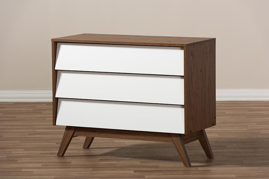 Baxton Studio Hildon Mid-Century Modern White and Walnut Wood 3-Drawer Storage Chest