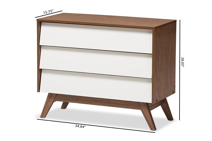 Baxton Studio Hildon Mid-Century Modern White and Walnut Wood 3-Drawer Storage Chest