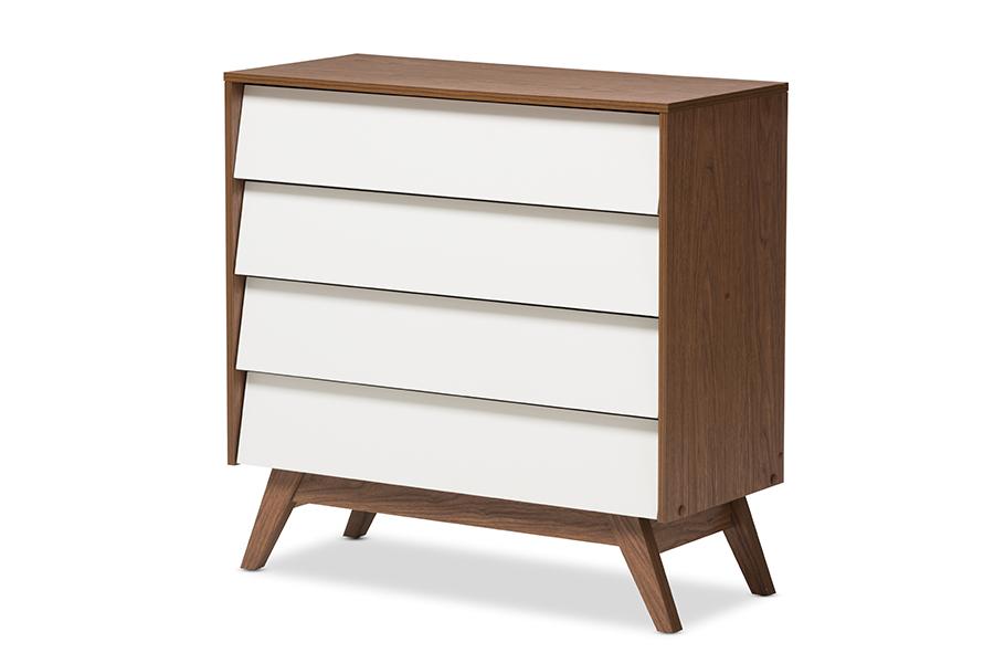 Baxton Studio Hildon Mid-Century Modern White and Walnut Wood 4-Drawer Storage Chest