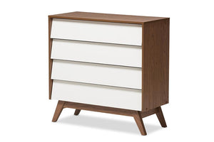 Baxton Studio Hildon Mid-Century Modern White and Walnut Wood 4-Drawer Storage Chest