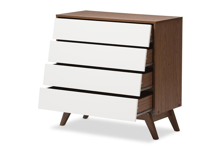 Baxton Studio Hildon Mid-Century Modern White and Walnut Wood 4-Drawer Storage Chest