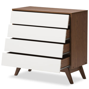 Baxton Studio Hildon Mid-Century Modern White and Walnut Wood 4-Drawer Storage Chest