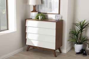 Baxton Studio Hildon Mid-Century Modern White and Walnut Wood 4-Drawer Storage Chest