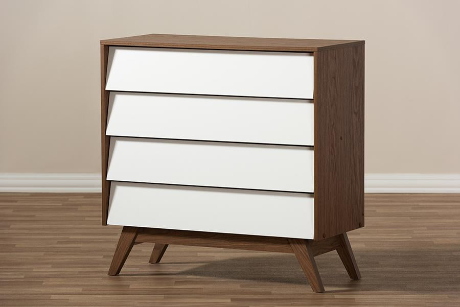 Baxton Studio Hildon Mid-Century Modern White and Walnut Wood 4-Drawer Storage Chest