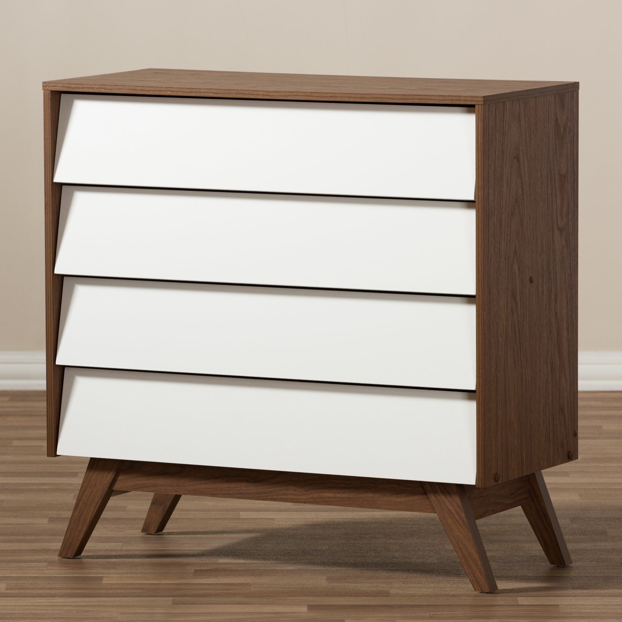 Baxton Studio Hildon Mid-Century Modern White and Walnut Wood 4-Drawer Storage Chest