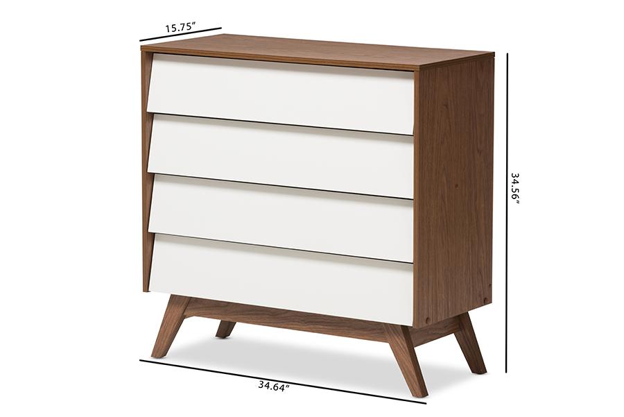 Baxton Studio Hildon Mid-Century Modern White and Walnut Wood 4-Drawer Storage Chest